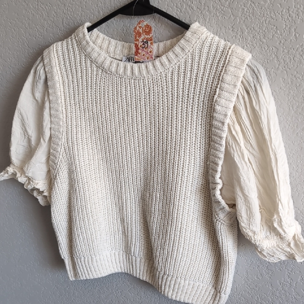 Zara Spring Cream Cropped Sweater with Puff Sleeves
